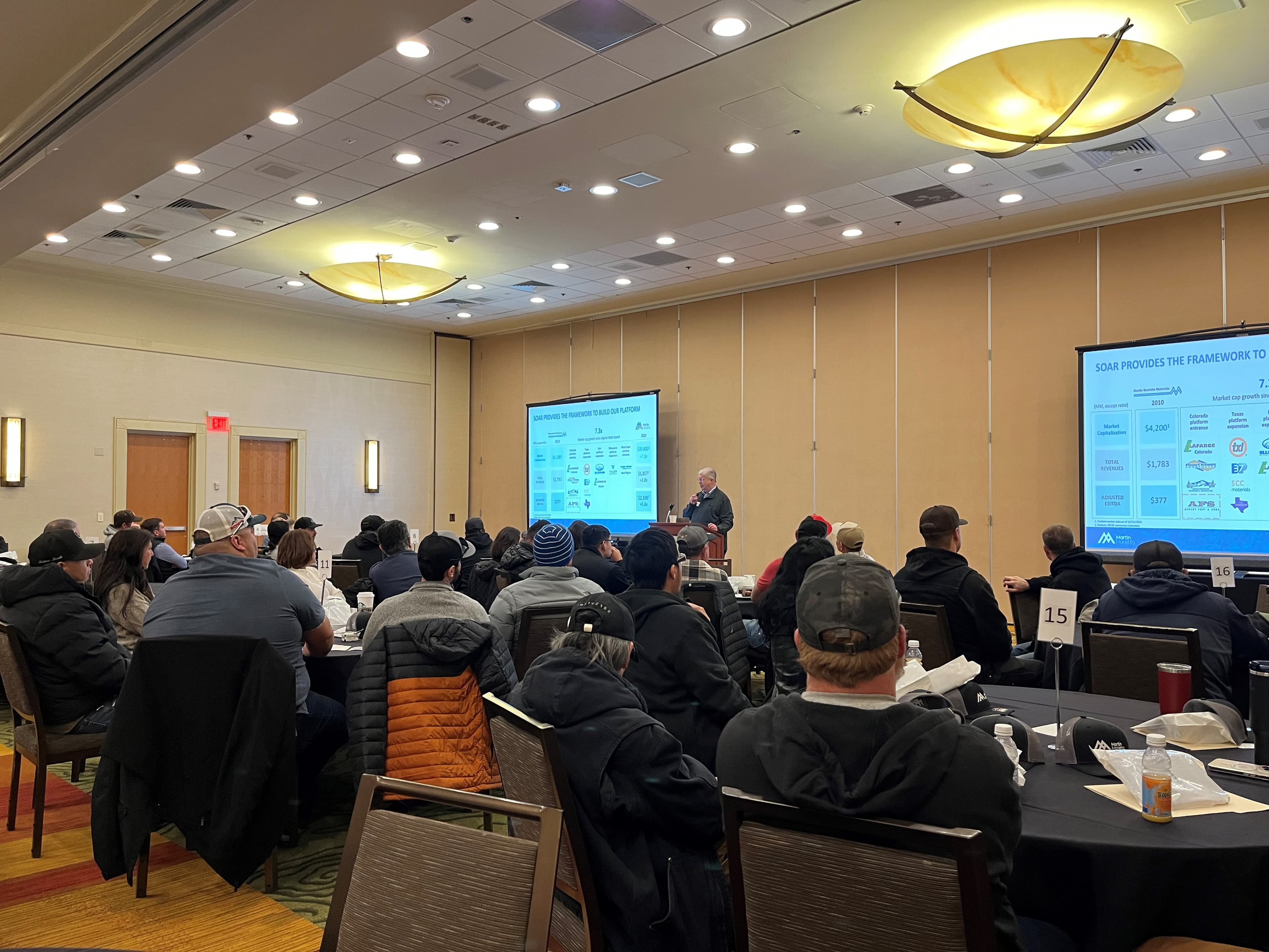 Martin Marietta Chairman and CEO Ward Nye speaks to the new team members at an onboarding event in Colorado.