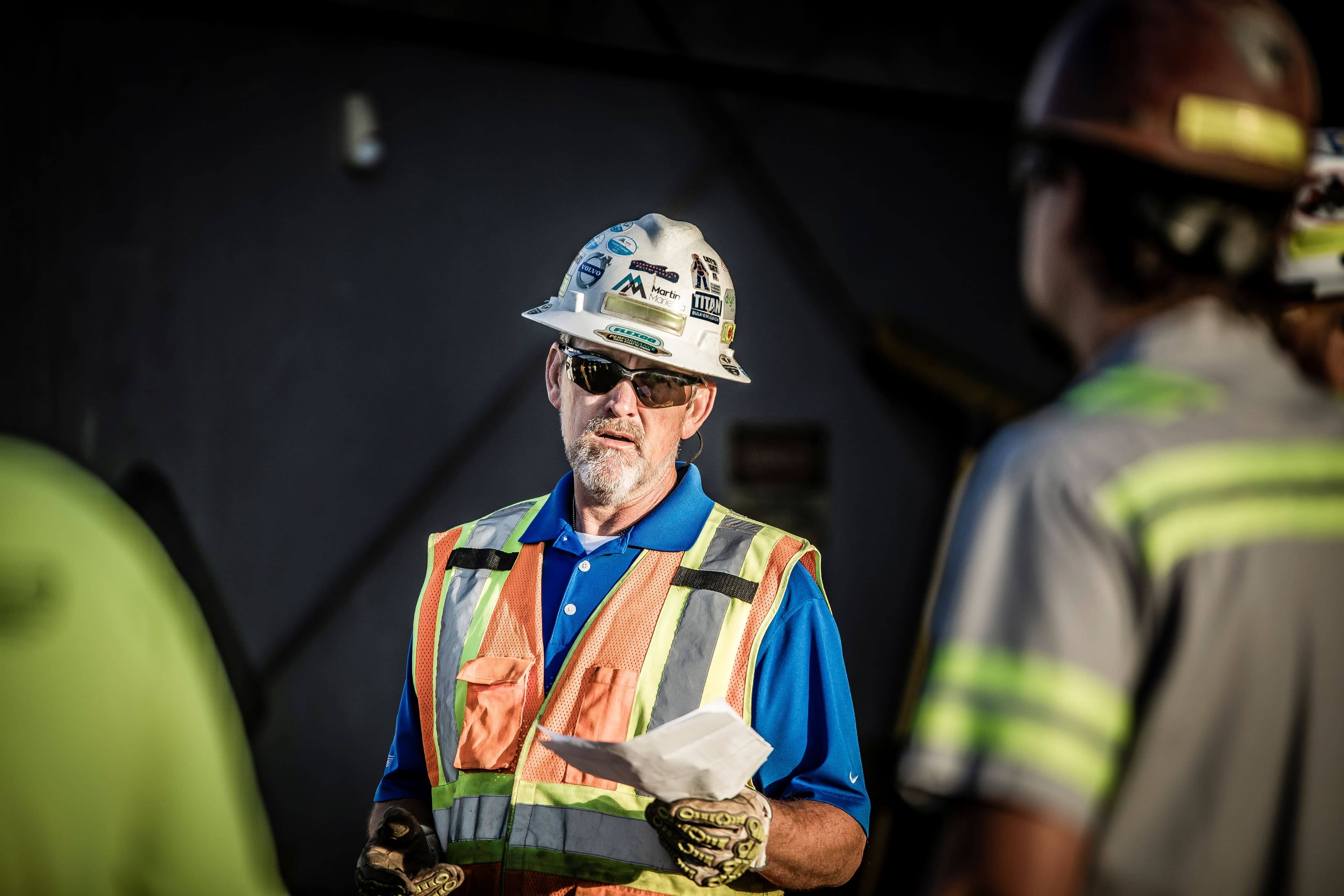 Plant Manager Brian Hamrick leads a morning safety meeting at Hickory Quarry.