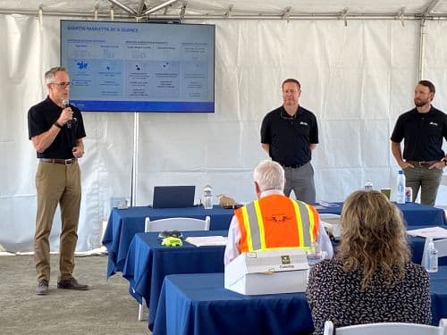 Flanked by West Division HR Director John Byars (center) and West Division Safety Manager Chris Downs (right), Ready Mix District Vice President-General Manager Cole Jacobs speaks to a crowd at the Sunol Aggregates plant just north of San Jose.
