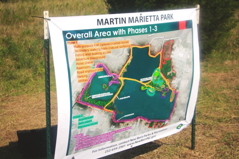 Maps displaying the long-term plans for Martin Marietta Park were prominent at the June 20 groundbreaking. According to the city, the site is likely to be built out over at least three phases spanning several years.